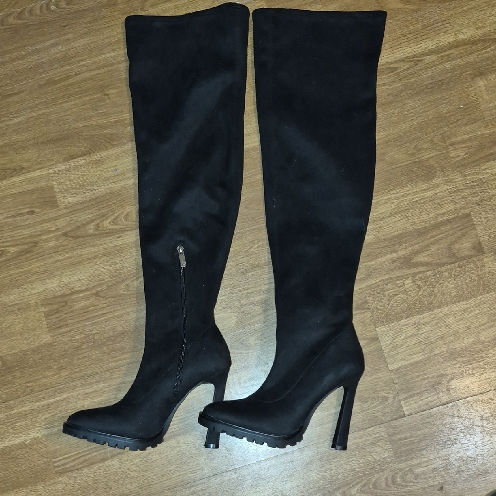 JLo Knee High Suede Combat Bottom Black Heeled Boots - Picture 2 of 3
